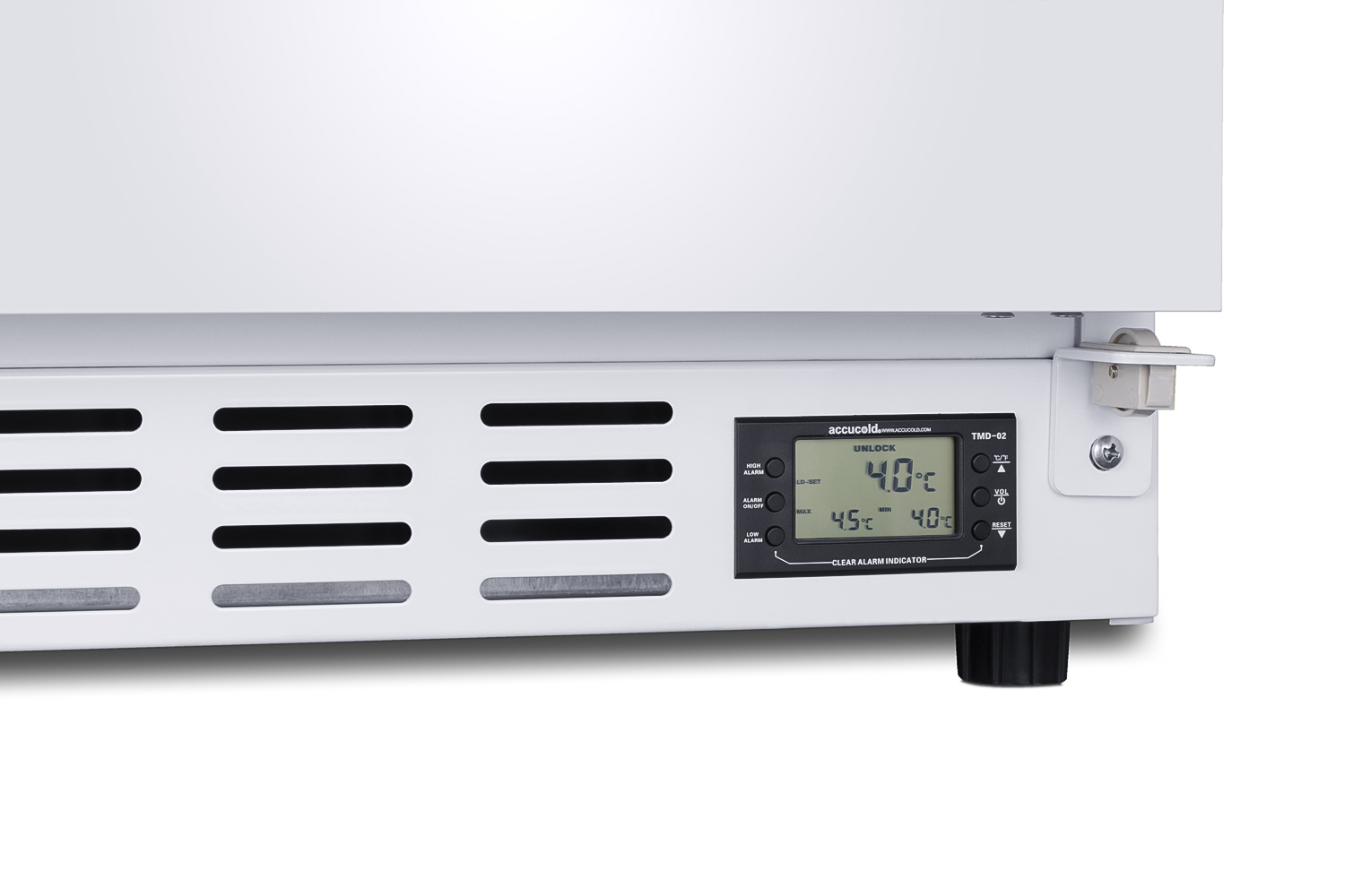Built-In healthcare all-refrigerator certified to NSF/ANSI 456 with self-closing glass door, front lock, digital controls, and NIST calibrated temperature readout